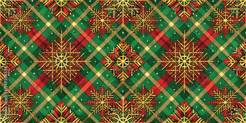 Vibrant holiday-themed pattern featuring red, green, and gold elements on a symmetrical background.