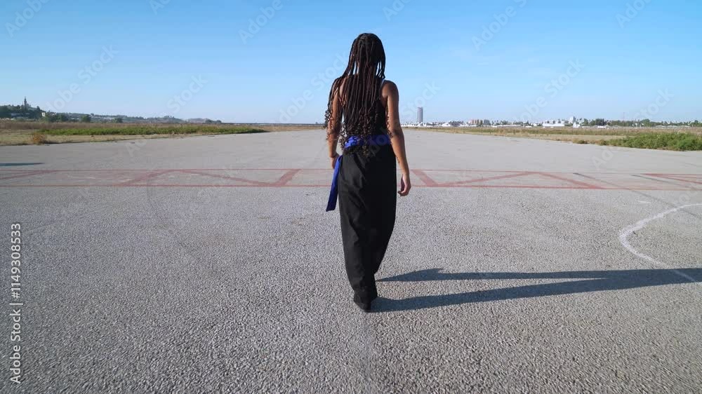 Chica luchadora en artes marciales que sale del objetivo es seguida hasta que se para, se pone en guardia, saluda y combate. Hasta que se para, saluda y anda hacia la cámara.
