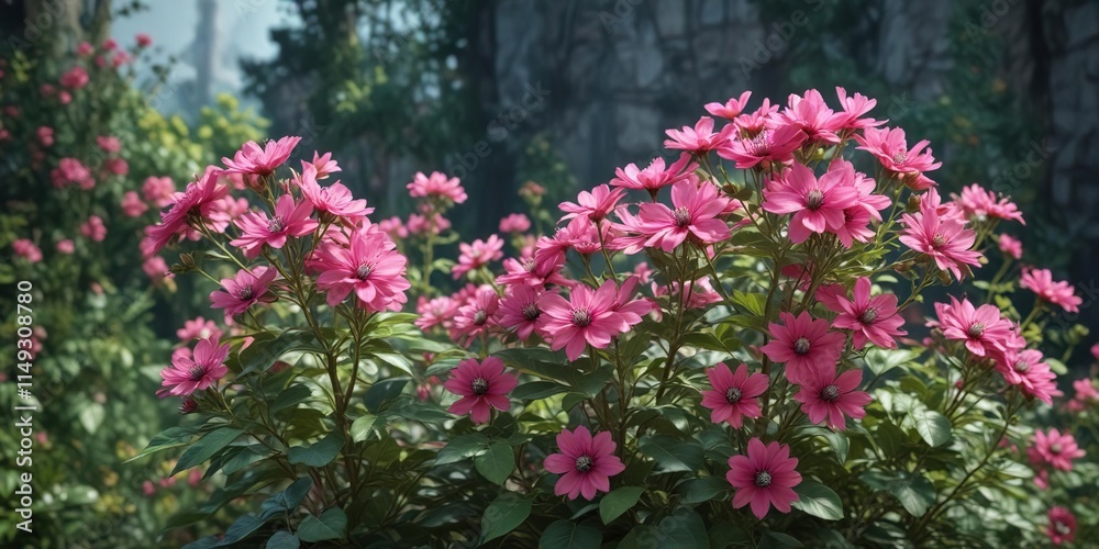 Fototapeta premium Tall flowering plant with bright pink petals, green leaves and a prominent flower head , blooming flowers, gardening