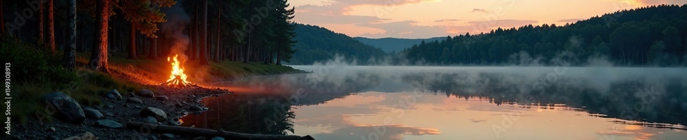 Fototapeta premium The shore of a lake is bathed in soft morning light as a bonfire flickers to life, casting a warm glow across the surrounding trees, serenity, reflection, lake