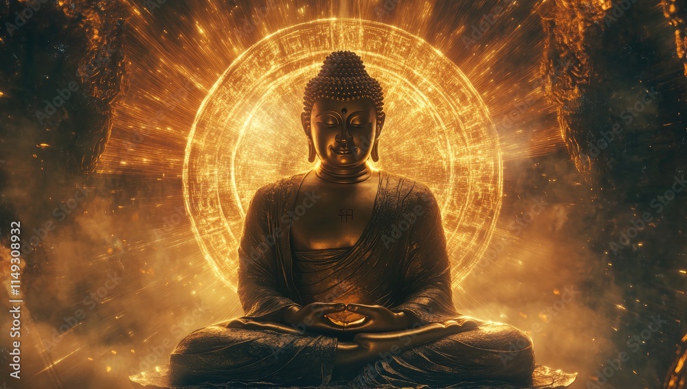 A golden Buddha statue, sitting in a lotus position, with glowing light rays emanating from it A golden Buddha statue, sitting in a lotus position, with glowing light rays emanating from it