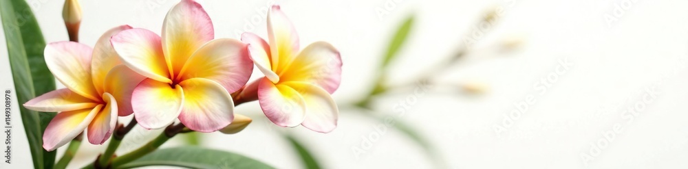 Delicate frangipani flowers on white background, greenery, closeup Delicate frangipani flowers on white background, greenery, closeup