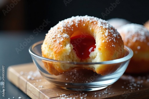 Deep-fried doughnut with jelly-like filling, topped with powdered sugar, in a round glass bowl, hanukkah treat, sufganiyot photo