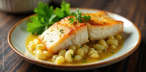 Delicate filet of white fish baked in a ceramic container on a warm plate, baked goods, white fish