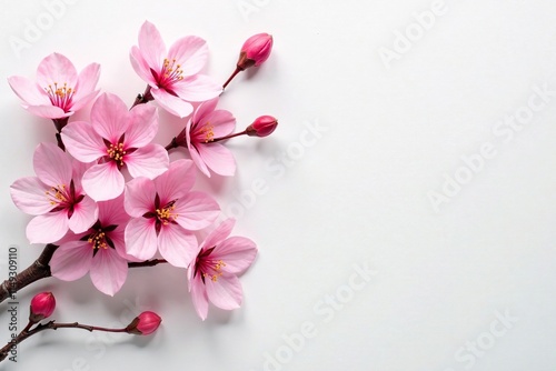 Delicate pink blossoms unfolding on a pristine white canvas, leaves, pink photo