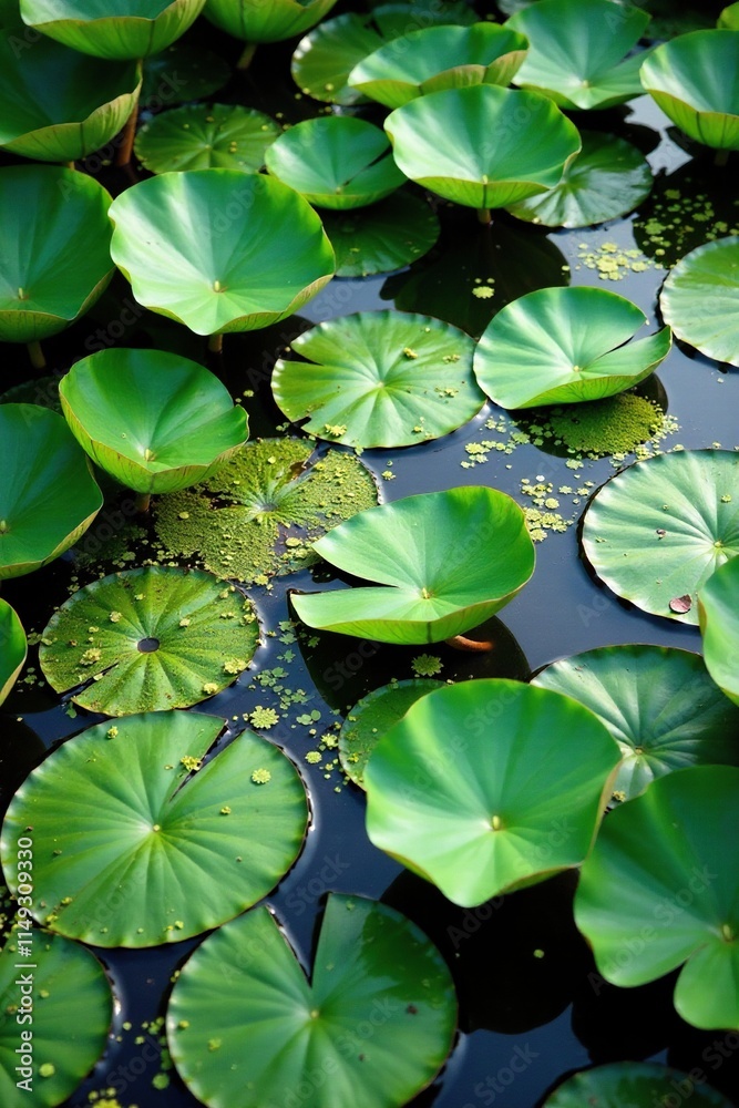 Dirty lake with algae blooms covered by thick layer of water lily pads, polluted waters, , lake ecosystems Dirty lake with algae blooms covered by thick layer of water lily pads, polluted waters, , lake ecosystems