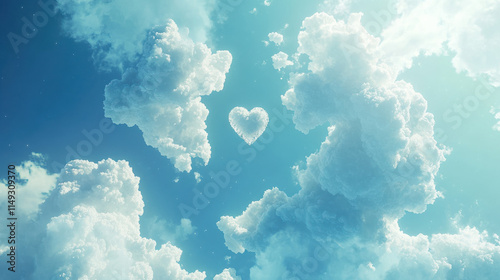 A surreal yet realistic landscape of sculptural clouds floating in the atmosphere, shaped as hearts, spirals, and whimsical forms, vibrant sky gradients from deep blue to soft white, sunlight streamin photo