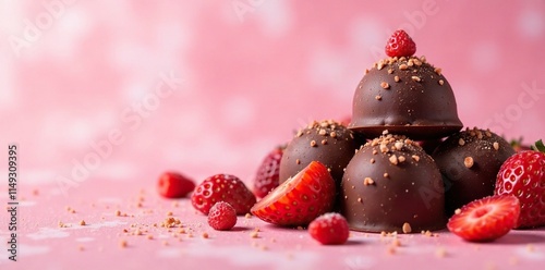 Dried strawberry pieces nestled among chocolate truffles on a soft pink abstract texture, tasty, fruitdecor photo