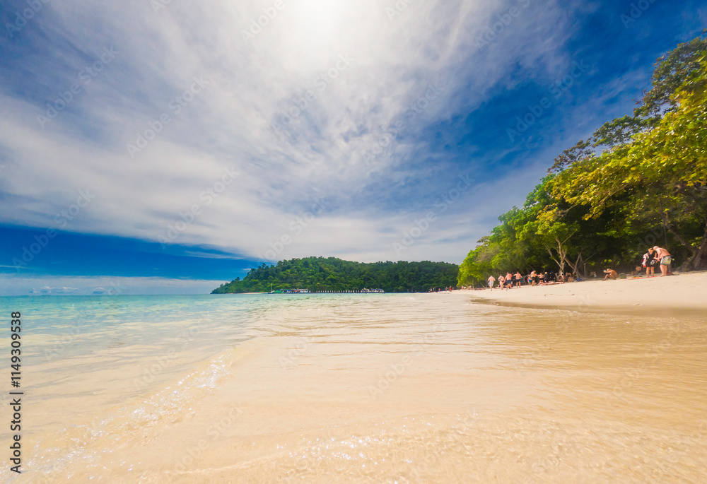 Beautiful seascape, white sand beach and blue sky, Koh Rok Island the best island in Koh Lanta Island. Mu Ko Lanta National Park, Krabi Province, Thailand. Beautiful seascape, white sand beach and blue sky, Koh Rok Island the best island in Koh Lanta Island. Mu Ko Lanta National Park, Krabi Province, Thailand.