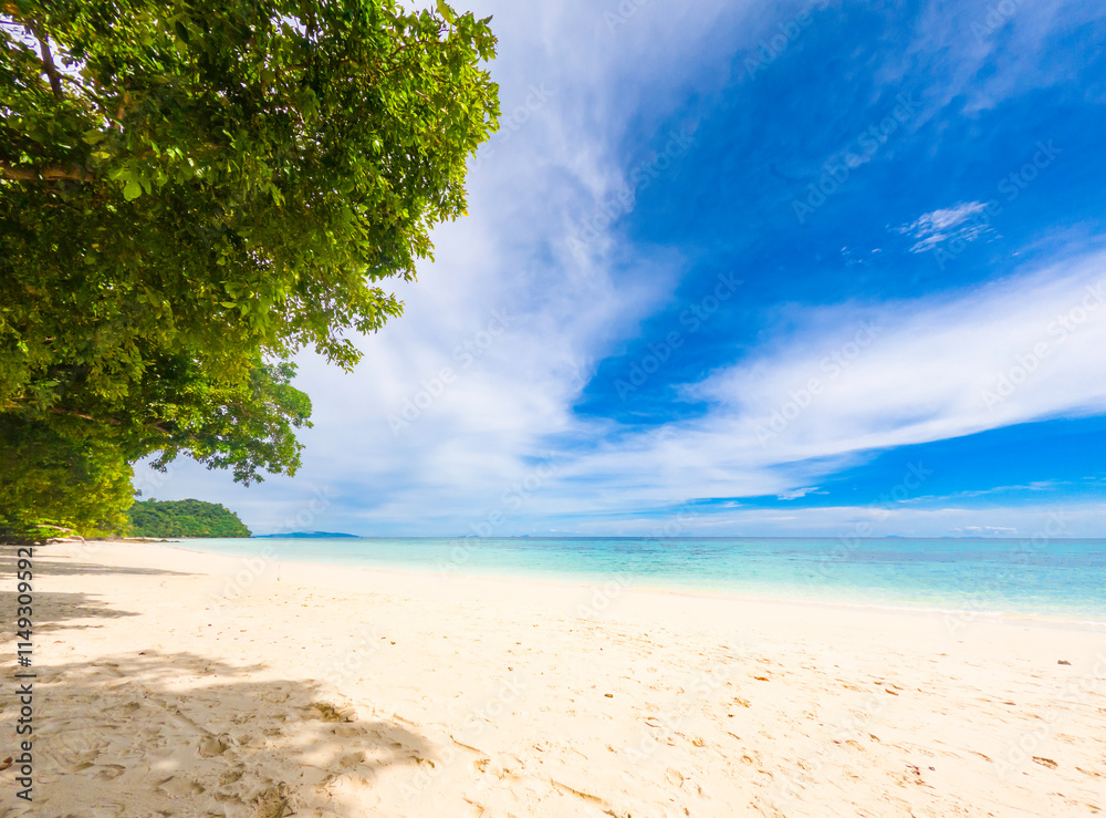 Beautiful seascape, white sand beach and blue sky, Koh Rok Island, Mu Ko Lanta National Park, Krabi Province, Thailand. Beautiful seascape, white sand beach and blue sky, Koh Rok Island, Mu Ko Lanta National Park, Krabi Province, Thailand.