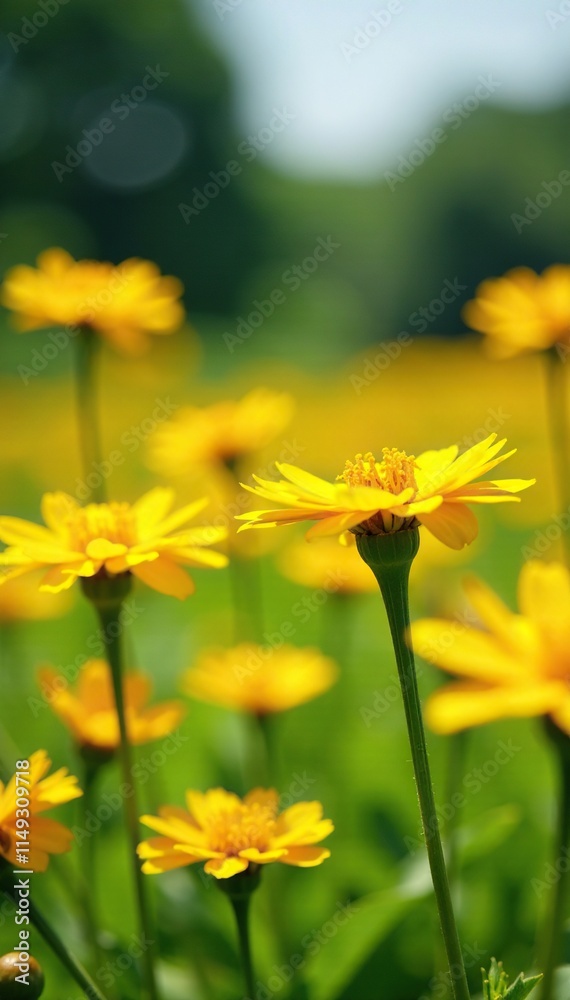 Field of blooming yellow calendula flowers swaying in the breeze, sunny day, blurred background Field of blooming yellow calendula flowers swaying in the breeze, sunny day, blurred background