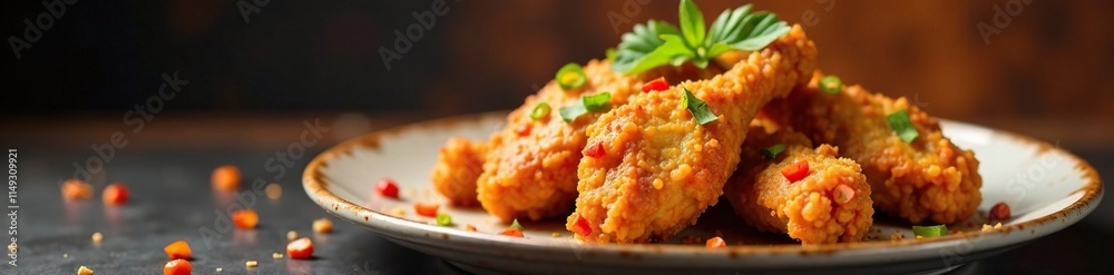 Fried chicken with spicy chili flakes on plate, flame, spicy Fried chicken with spicy chili flakes on plate, flame, spicy