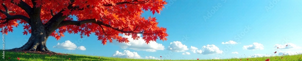 A sprawling maple tree branches out over the ground on a clear blue sky with a few wispy clouds drifting lazily across, deciduous, landscape, giant