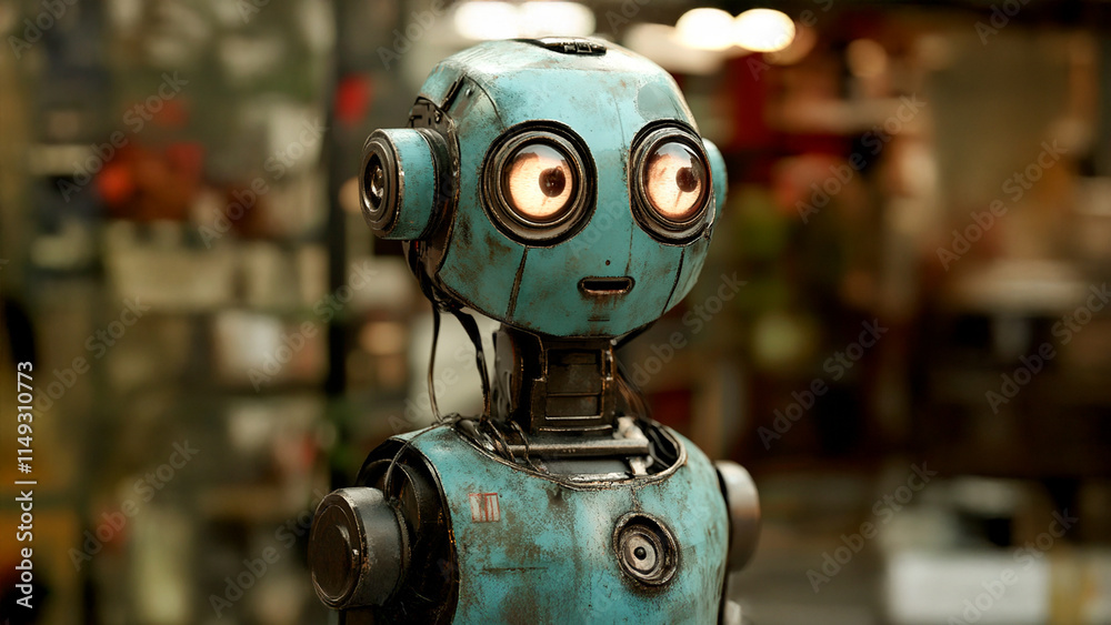 A blue robot with big eyes. Gray robot blurred background technology head close up. Close up of a robot head with technology. The robot is wearing a blue suit and has two large lifestyle eyes. A blue robot with big eyes. Gray robot blurred background technology head close up. Close up of a robot head with technology. The robot is wearing a blue suit and has two large lifestyle eyes.