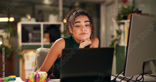 Business woman, laptop and bored in night office for homepage design, deadline and startup website glitch. Fatigue, technology and tired girl with late overtime strain, dont know and creative block