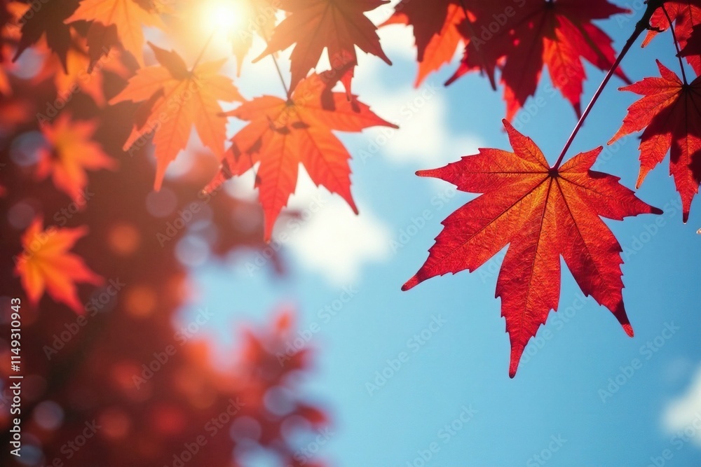 Delicate golden light on red maple leaves in clear blue autumn air, cloudless, fall, leaf Delicate golden light on red maple leaves in clear blue autumn air, cloudless, fall, leaf