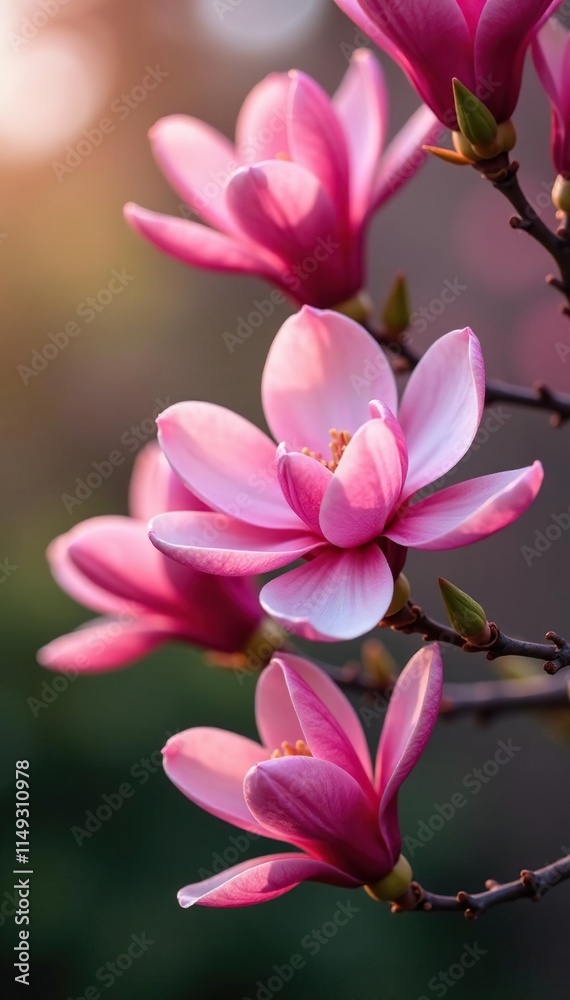 Delicate petals unfurl from vibrant pink flowers on the branches of a blooming magnolia tree, blossoms, nature, flower buds Delicate petals unfurl from vibrant pink flowers on the branches of a blooming magnolia tree, blossoms, nature, flower buds