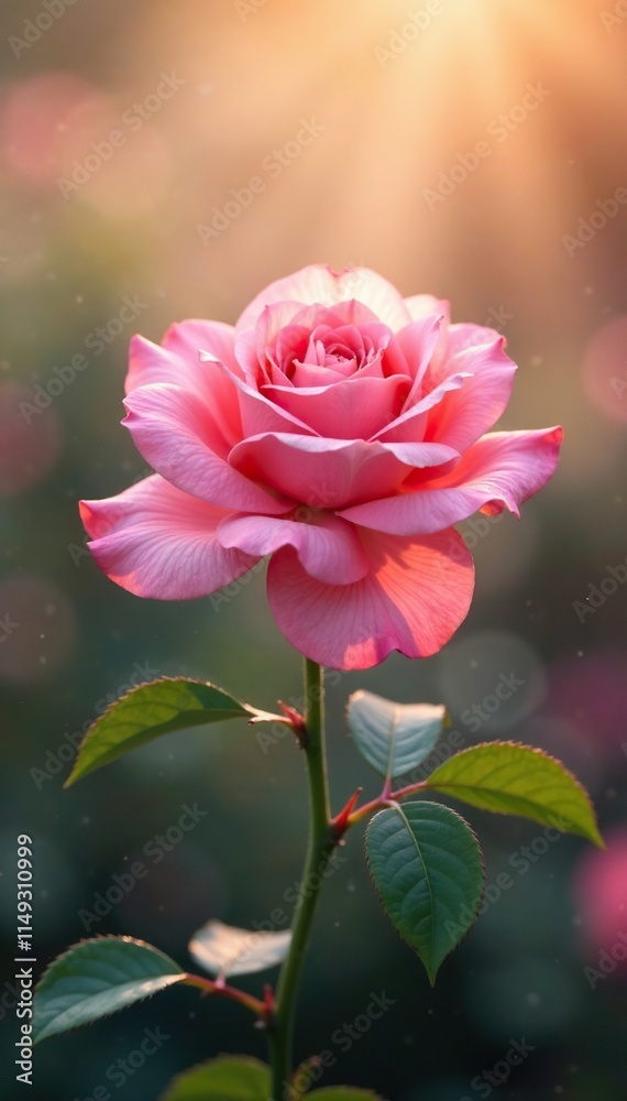 Obraz premium Delicate pink rose blooming amidst morning sunlight and mist, peaceful, soft