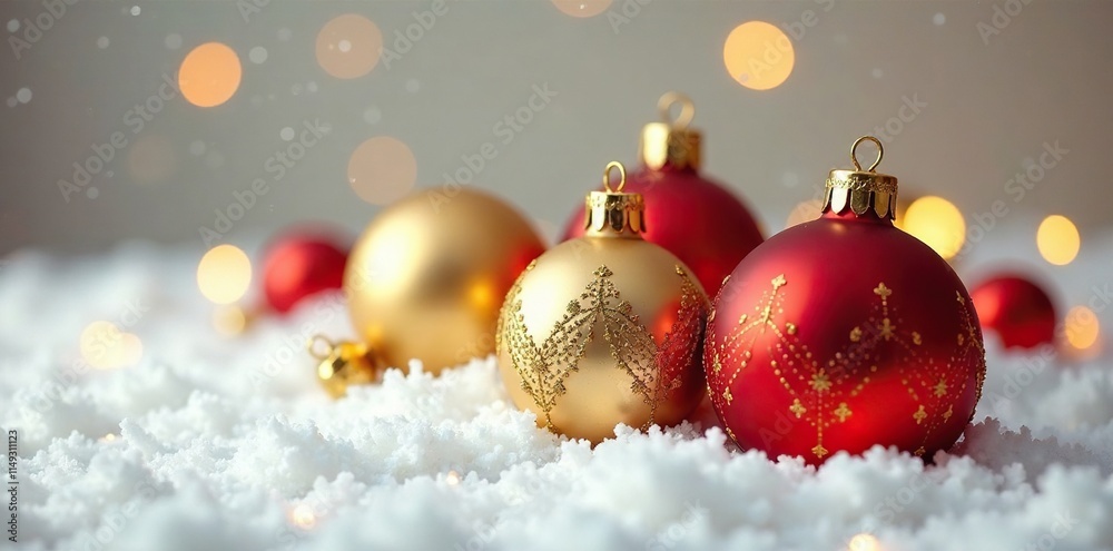 Ornate glass baubles in golden and red hues scattered on a snowy white background, golden, sparkling, red