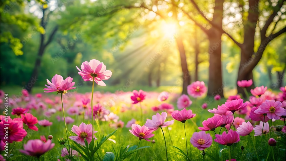 Obraz premium A bunch of bright pink flowers are blooming in the lush green grass under the morning sun