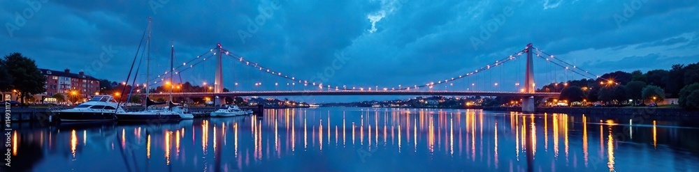 Fototapeta premium Sail Bridge and marina at blue hour with gentle ripples, bridge, river