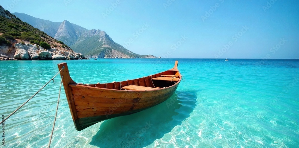 Rustic wooden boat moored in crystal clear waters of Sardinia sea, italian coast, mountain, blue sky Rustic wooden boat moored in crystal clear waters of Sardinia sea, italian coast, mountain, blue sky