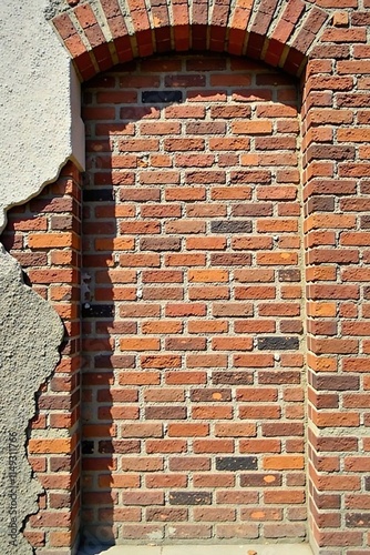 Rustic brick wall with partially detached stucco, exterior, stucco, textured