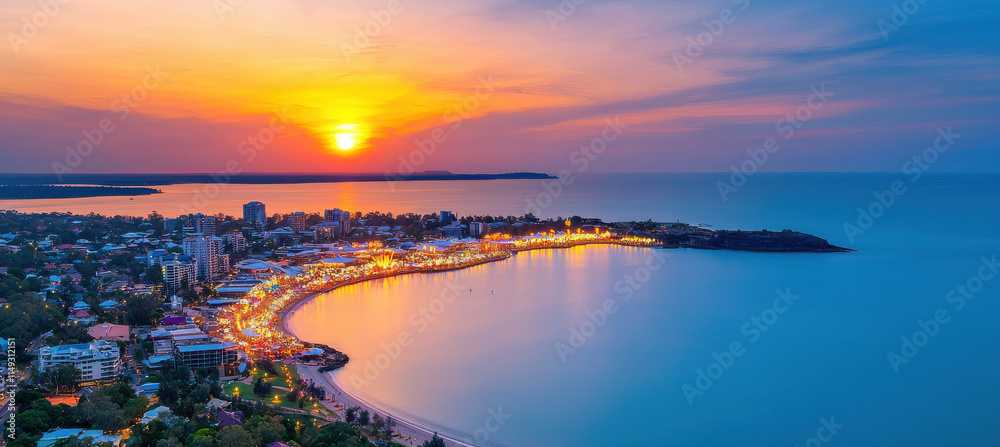 Sunset over Darwin skyline with glowing festival lights Sunset over Darwin skyline with glowing festival lights