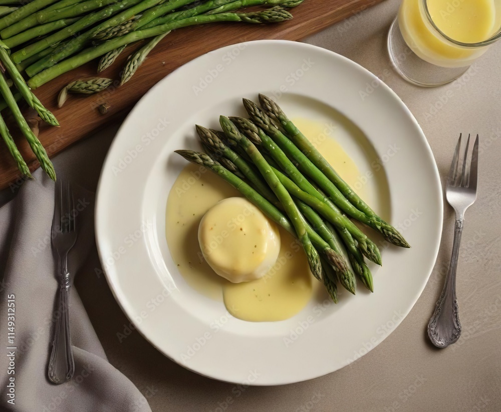Steamed asparagus tips arranged artfully on a decorative plate with a side of warm hollandaise sauce, steamed asparagus, creative plating Steamed asparagus tips arranged artfully on a decorative plate with a side of warm hollandaise sauce, steamed asparagus, creative plating