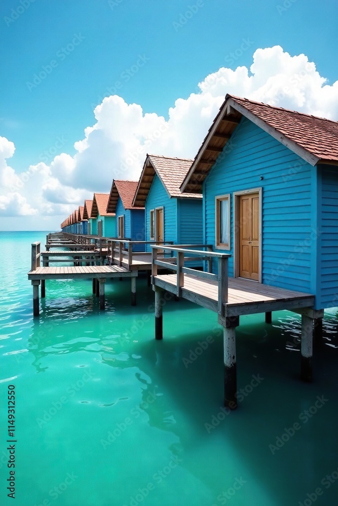 Obraz premium Stilted bungalows with blue walls and a dock in the water, harbor, dock, water