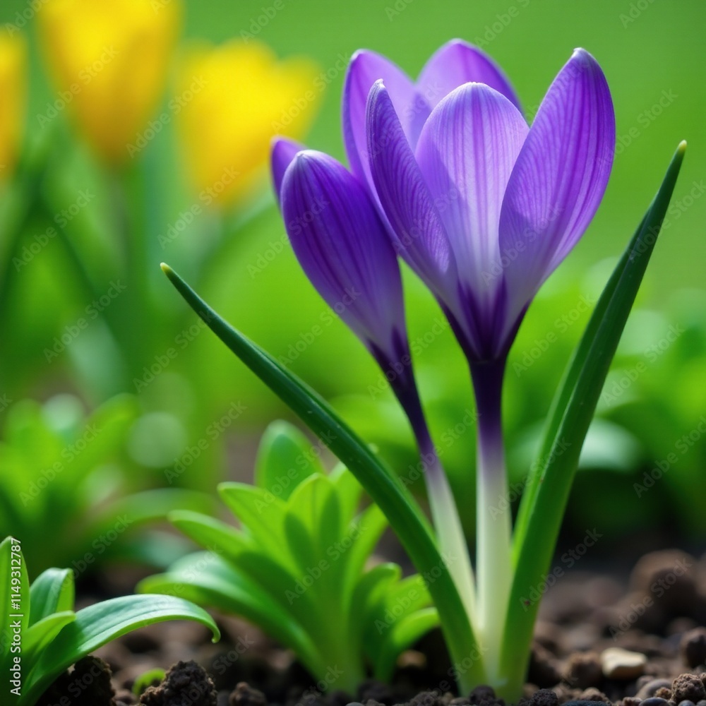 The stem and leaves of a mature Crocus Chrysanthus Blue Pearl plant, floral detail, lush greenery The stem and leaves of a mature Crocus Chrysanthus Blue Pearl plant, floral detail, lush greenery