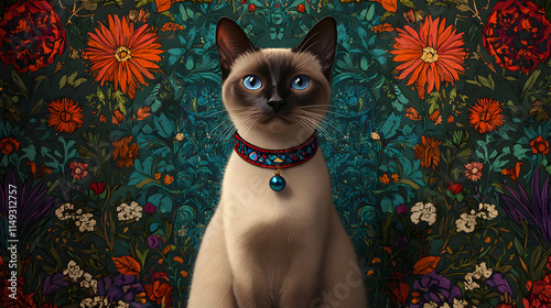 Siamese cat in a lush and attractive garden, featuring a collar with a traditional pattern