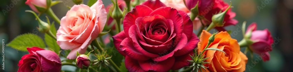 Vibrant bouquet of flowers with a large red rose at its center, nature's beauty, floral arrangement, spring flowers Vibrant bouquet of flowers with a large red rose at its center, nature's beauty, floral arrangement, spring flowers