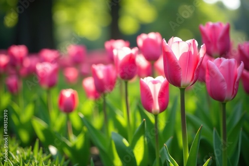 Pink and purple tulips growing among the grass, outdoor, beautiful, flower