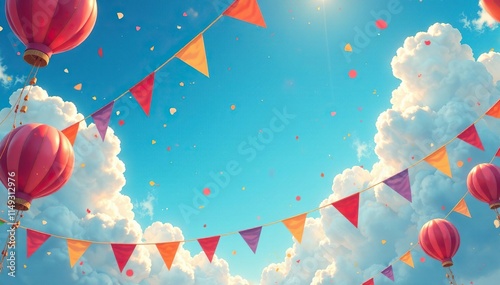 Un cielo lleno de banderas y globos inflados sobre un techo de madera, fiesta, banderas, celebraci?n