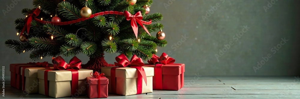Presents stacked around the base of a tall evergreen tree with big red bows tied to its branches, lights, ornaments Presents stacked around the base of a tall evergreen tree with big red bows tied to its branches, lights, ornaments