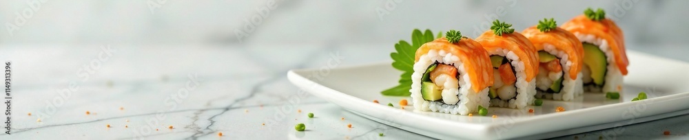 Shrimp and avocado sushi roll on a marble surface, sleekstyle, moderndecor, foodforthought Shrimp and avocado sushi roll on a marble surface, sleekstyle, moderndecor, foodforthought