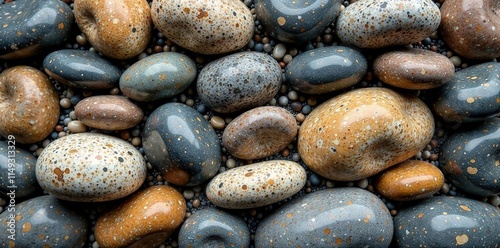 River rocks and pebbles forming a natural wall, rock formation, natural barriers, earthy colors photo