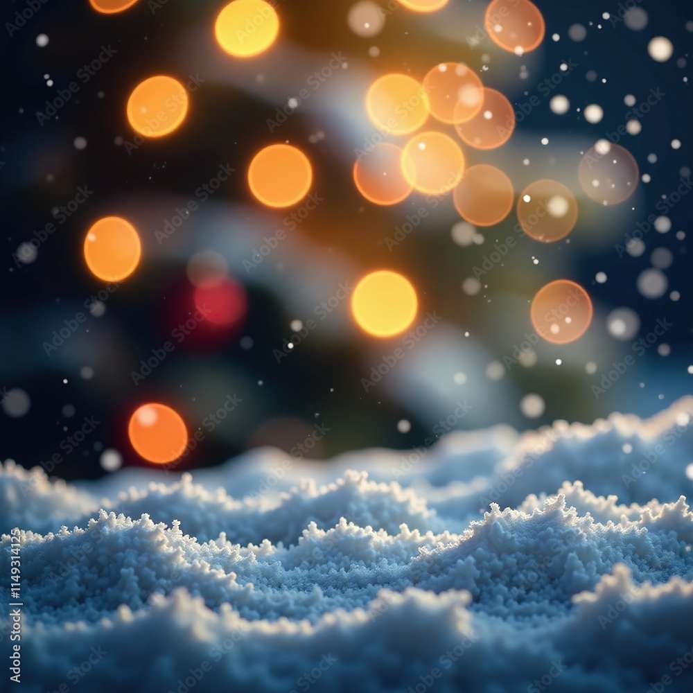 Naklejka premium Sparkling snowflakes and glittering lights on a winter night, golden background, festive scene, festive atmosphere