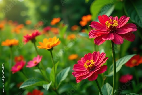 Colorful calliandra flowers in a garden or meadow with other tropical plants, nature, scenery photo