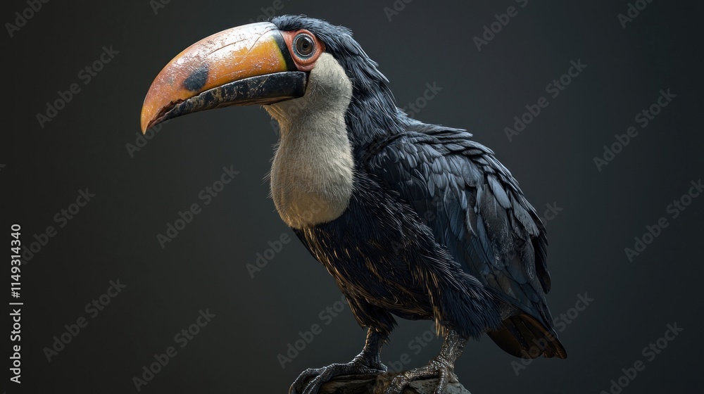 Obraz premium Stunning full body portrait of a toucan with vibrant beak and detailed feathers against a dark background