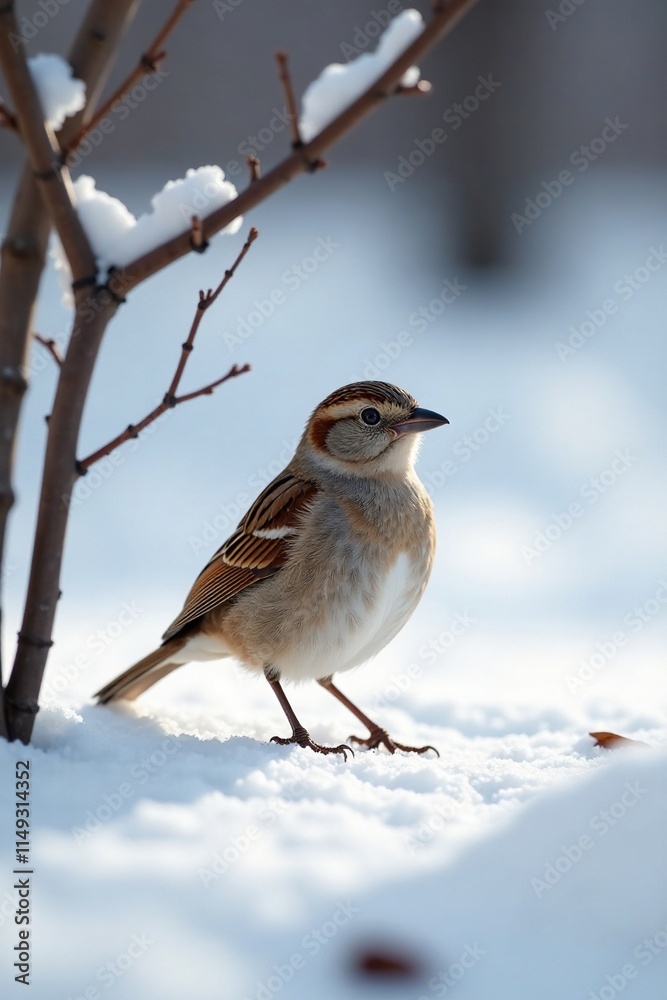 Chipping sparrow on a snow-covered ground with bare branches, bird species, snowy scene, branches Chipping sparrow on a snow-covered ground with bare branches, bird species, snowy scene, branches