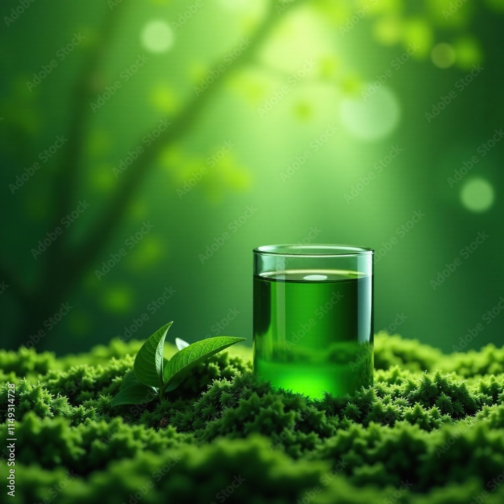 Dark glass reed diffuser on a mossy green background with soft ambient light, ambient lighting, green background, reeds Dark glass reed diffuser on a mossy green background with soft ambient light, ambient lighting, green background, reeds