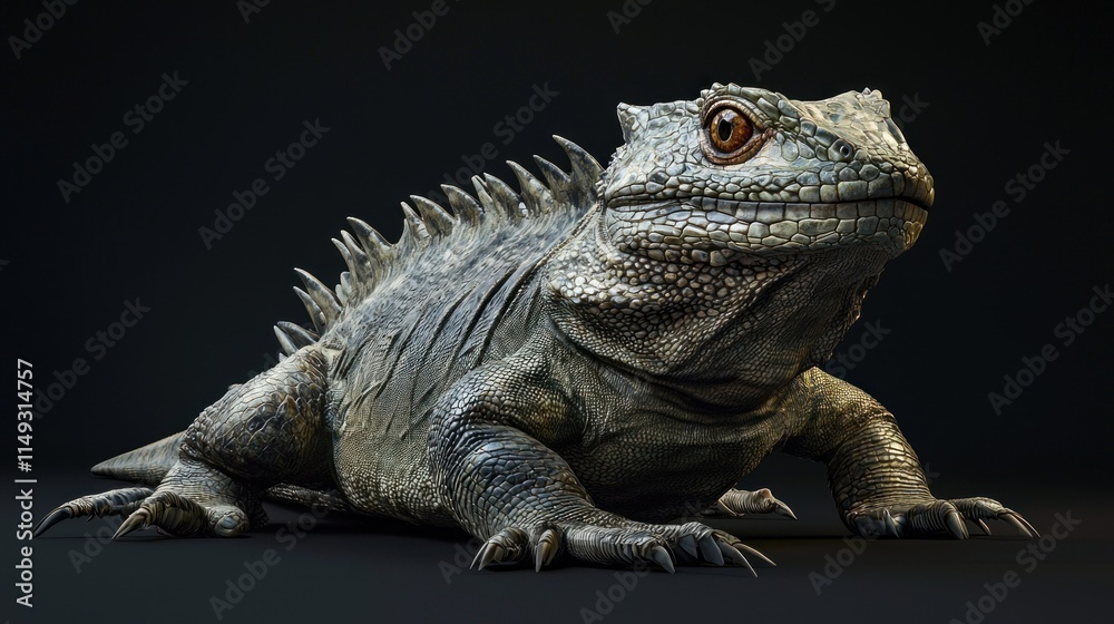 Fototapeta premium Detailed Close-Up of a Reptile with Spiky Scales and Prominent Eyes in a Dark Setting