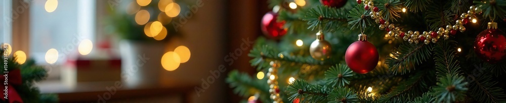 Decorated Christmas Tree with Ornaments and Garlands, festive atmosphere, home decor Decorated Christmas Tree with Ornaments and Garlands, festive atmosphere, home decor