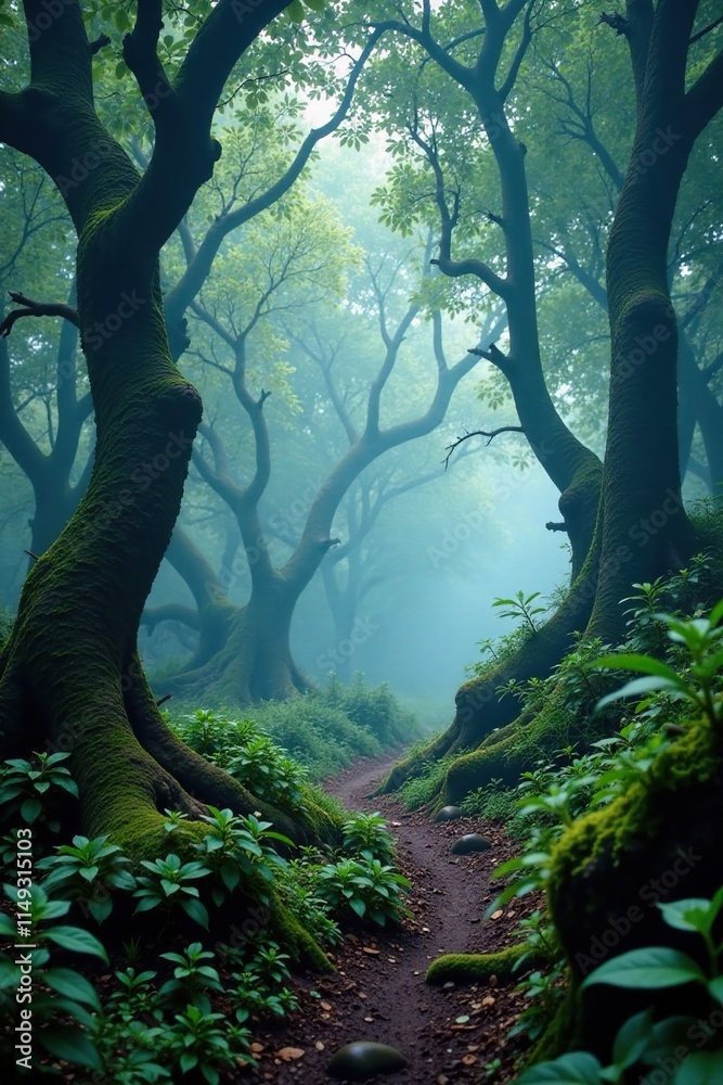 Dense misty forest with twisted tree trunks and gnarled branches, rugged terrain, overgrown vegetation