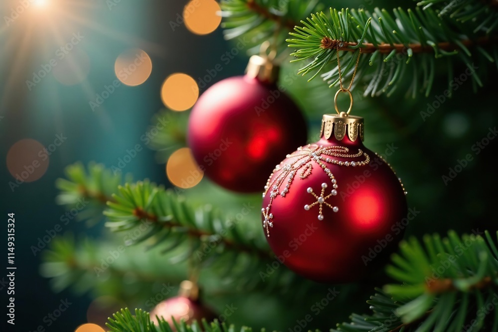 Festive red glass ball ornaments hung on a fir tree, festive ornaments, fir tree decorations Festive red glass ball ornaments hung on a fir tree, festive ornaments, fir tree decorations