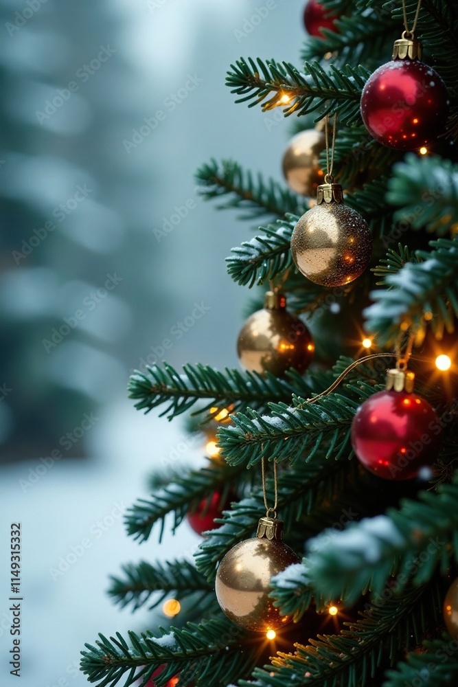Festive evergreen branches adorned with shiny metallic stars, colorful ribbons, and sparkling fairy lights, misty morning, winter festive, shiny metallic stars Festive evergreen branches adorned with shiny metallic stars, colorful ribbons, and sparkling fairy lights, misty morning, winter festive, shiny metallic stars