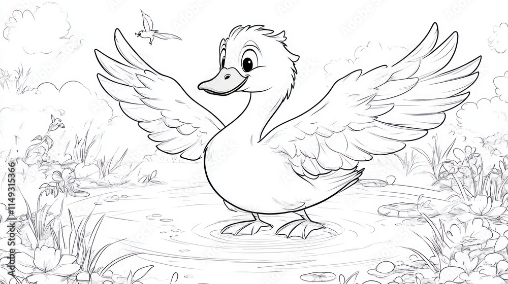 Fototapeta premium Playful Cartoon Swan in Meadow Coloring Page for Kids