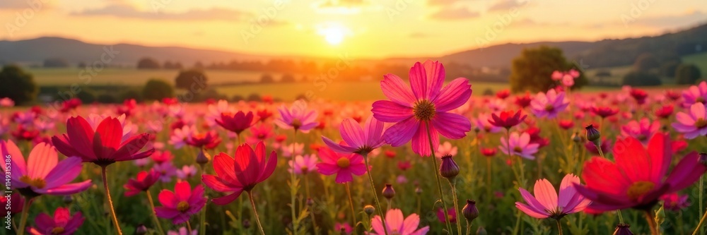 Obraz premium Field of pink cosmos flowers against a warm sunset golden light with gentle hills in the background, pink cosmos, golden hour, farm scene